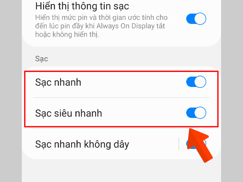 Giao diện cài đặt sạc nhanh Samsung